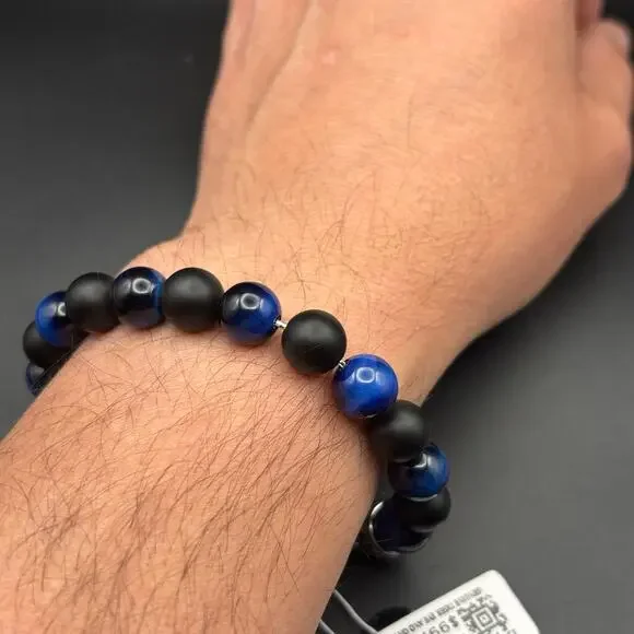 Blackjack BJB244BTN Men’s Blue Tiger Eye Onyx Beaded Bracelet 10mm NIBWT